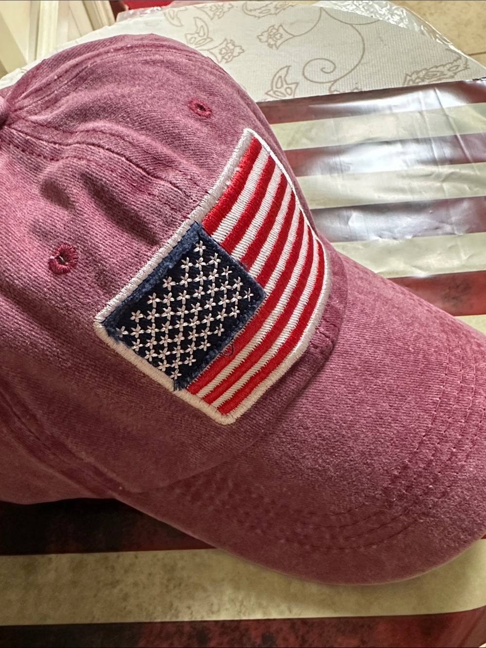 Men’s Vintage Look Red Wash Cap with Embroidered American Flag, Adjustable - New